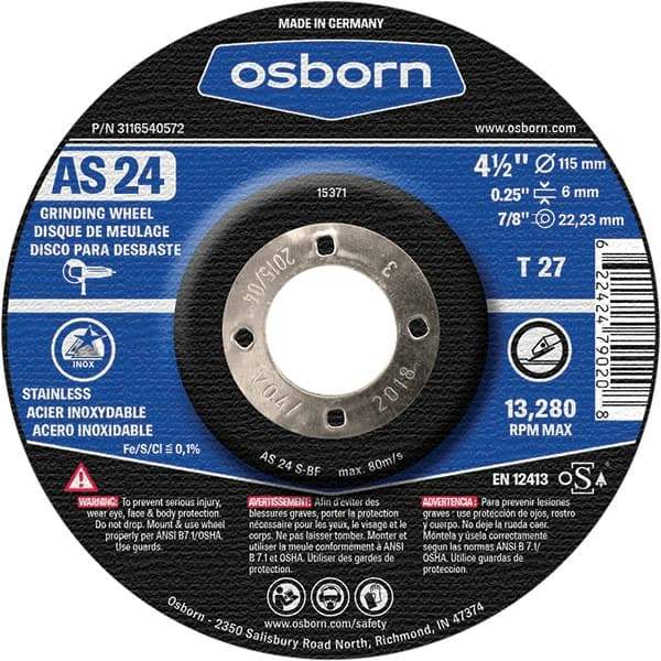 Osborn - 24 Grit, 4-1/2" Wheel Diam, 1/4" Wheel Thickness, 7/8" Arbor Hole, Type 27 Depressed Center Wheel - Coarse Grade, Aluminum Oxide, 13,280 Max RPM - A1 Tooling