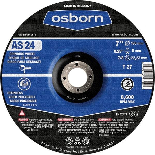 Osborn - 24 Grit, 7" Wheel Diam, 1/4" Wheel Thickness, 7/8" Arbor Hole, Type 27 Depressed Center Wheel - Coarse Grade, Aluminum Oxide, 8,600 Max RPM - A1 Tooling