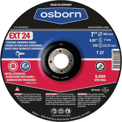 Osborn - 24 Grit, 7" Wheel Diam, 1/4" Wheel Thickness, 7/8" Arbor Hole, Type 27 Depressed Center Wheel - Coarse Grade, Ceramic, 8,600 Max RPM - A1 Tooling