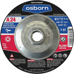 Osborn - 24 Grit, 4-1/2" Wheel Diam, 1/4" Wheel Thickness, Type 27 Depressed Center Wheel - Coarse Grade, Aluminum Oxide, 13,280 Max RPM - A1 Tooling