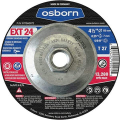 Osborn - 24 Grit, 4-1/2" Wheel Diam, 1/4" Wheel Thickness, Type 27 Depressed Center Wheel - Coarse Grade, Ceramic, 13,280 Max RPM - A1 Tooling