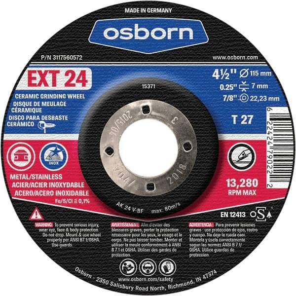 Osborn - 24 Grit, 4-1/2" Wheel Diam, 1/4" Wheel Thickness, 7/8" Arbor Hole, Type 27 Depressed Center Wheel - Coarse Grade, Ceramic, 13,280 Max RPM - A1 Tooling