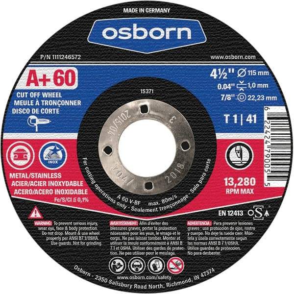 Osborn - 4-1/2" 60 Grit Aluminum Oxide Cutoff Wheel - 0.04" Thick, 7/8" Arbor, Use with Angle Grinders - A1 Tooling