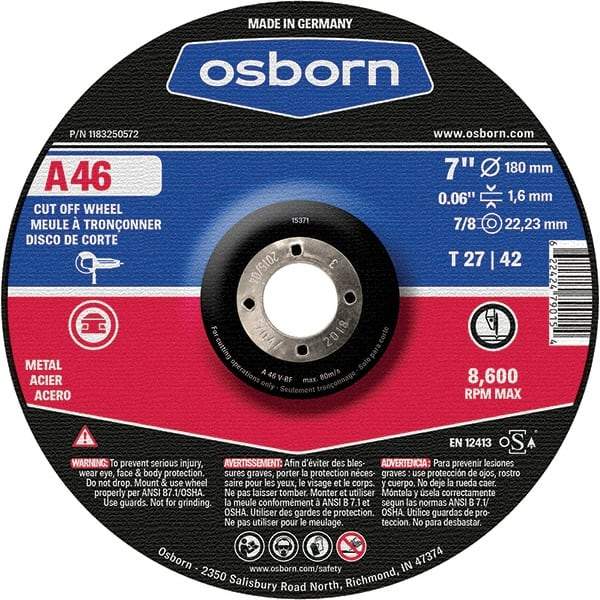 Osborn - 7" 46 Grit Aluminum Oxide Cutoff Wheel - 0.06" Thick, 7/8" Arbor, Use with Angle Grinders - A1 Tooling