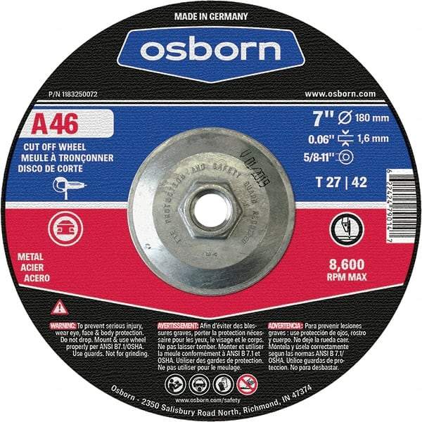 Osborn - 7" 46 Grit Aluminum Oxide Cutoff Wheel - 0.06" Thick, 5/8-11 Arbor, Use with Angle Grinders - A1 Tooling