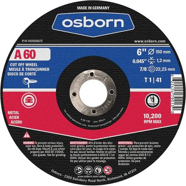 Osborn - 6" 60 Grit Aluminum Oxide Cutoff Wheel - 0.045" Thick, 7/8" Arbor, Use with Angle Grinders - A1 Tooling