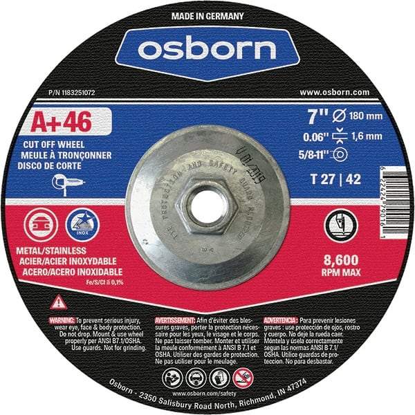 Osborn - 7" 46 Grit Aluminum Oxide Cutoff Wheel - 0.06" Thick, 5/8-11 Arbor, Use with Angle Grinders - A1 Tooling