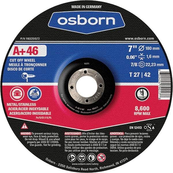 Osborn - 7" 46 Grit Aluminum Oxide Cutoff Wheel - 0.06" Thick, 7/8" Arbor, Use with Angle Grinders - A1 Tooling