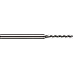 Ball End Mill: 0.06″ Dia, 0.72″ LOC, 3 Flute, Solid Carbide 2-1/2″ OAL, 1/8″ Shank Dia, 30 ° Helix, Uncoated