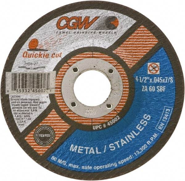 Camel Grinding Wheels - 60 Grit, 9" Wheel Diam, 1/16" Wheel Thickness, Type 27 Depressed Center Wheel - Medium Grade, Zirconia Alumina, Resinoid Bond, S Hardness, 6,600 Max RPM - A1 Tooling