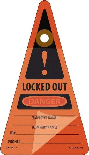 NMC - 7" High x 4" Long, LOCKED OUT - DANGER - EMPLOYEE NAME ___ COMPANY NAME ___ID#___PHONE#___, English Safety & Facility Lockout Tag - Tag Header: Danger, 1 Side, Orange Unrippable Vinyl - A1 Tooling