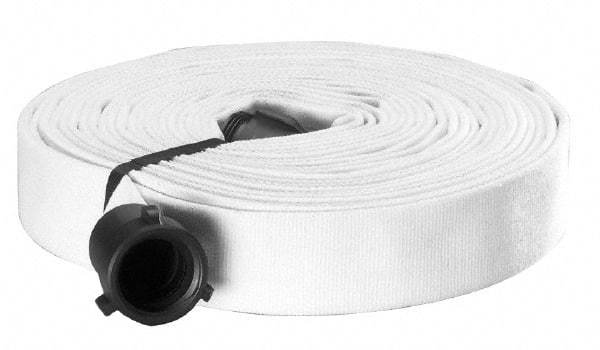 Made in USA - 1-1/2" ID x 1-3/4" OD, 150 Working psi, White Polyester/Rubber Fire Hose, Single Jacket - 1-1/2" NH/NST Ends, 50' Long, -40 to 150°F,450 Burst psi - A1 Tooling