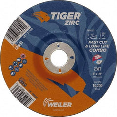 Weiler - 30 Grit, 9" Wheel Diam, 7/8" Arbor Hole, Type 27 Depressed Center Wheel - Hard Grade, Zirconia Alumina, T Hardness, 10,200 Max RPM - A1 Tooling