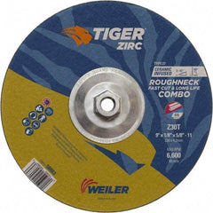 Weiler - 30 Grit, 9" Wheel Diam, Type 27 Depressed Center Wheel - Hard Grade, Zirconia Alumina, T Hardness, 6,600 Max RPM - A1 Tooling