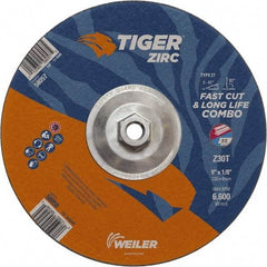 Weiler - 30 Grit, 9" Wheel Diam, Type 27 Depressed Center Wheel - Hard Grade, Zirconia Alumina, T Hardness, 6,600 Max RPM - A1 Tooling