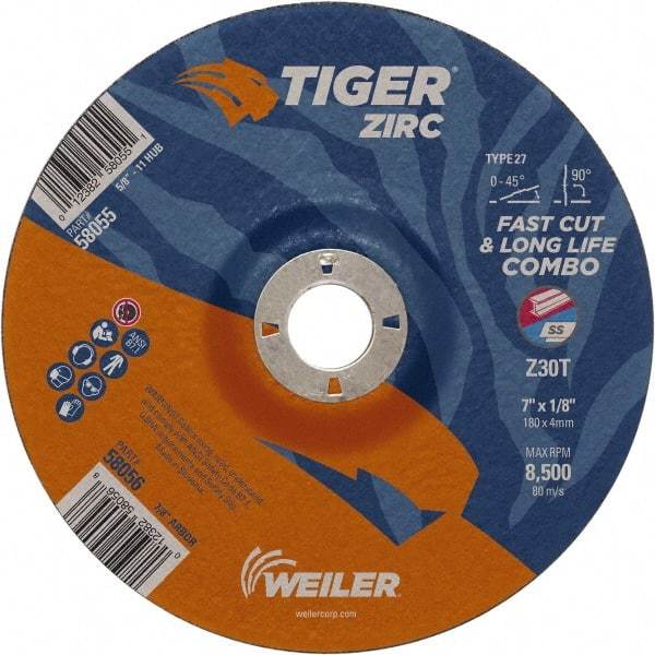 Weiler - 30 Grit, 7" Wheel Diam, 7/8" Arbor Hole, Type 27 Depressed Center Wheel - Hard Grade, Zirconia Alumina, T Hardness, 8,500 Max RPM - A1 Tooling