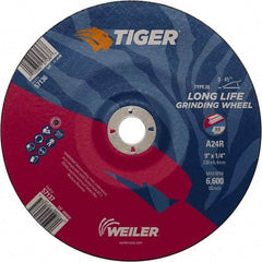 Weiler - 24 Grit, 9" Wheel Diam, 7/8" Arbor Hole, Type 28 Depressed Center Wheel - Medium Grade, Aluminum Oxide, R Hardness, 6,600 Max RPM - A1 Tooling