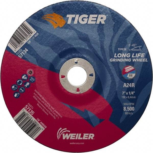 Weiler - 24 Grit, 7" Wheel Diam, 7/8" Arbor Hole, Type 28 Depressed Center Wheel - Medium Grade, Aluminum Oxide, R Hardness, 8,500 Max RPM - A1 Tooling