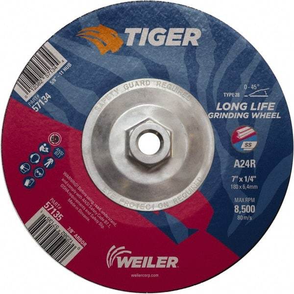 Weiler - 24 Grit, 7" Wheel Diam, Type 28 Depressed Center Wheel - Medium Grade, Aluminum Oxide, R Hardness, 8,500 Max RPM - A1 Tooling