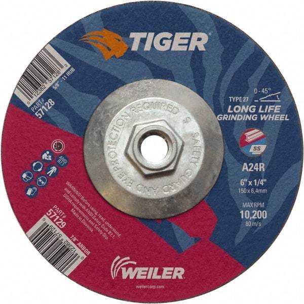 Weiler - 24 Grit, 6" Wheel Diam, Type 27 Depressed Center Wheel - Medium Grade, Aluminum Oxide, R Hardness, 10,200 Max RPM - A1 Tooling