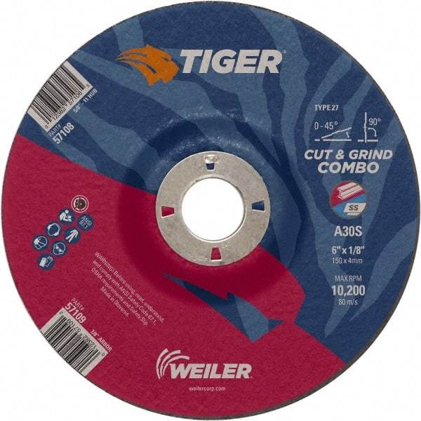 Weiler - 30 Grit, 6" Wheel Diam, 7/8" Arbor Hole, Type 27 Depressed Center Wheel - Medium Grade, Aluminum Oxide, S Hardness, 10,200 Max RPM - A1 Tooling