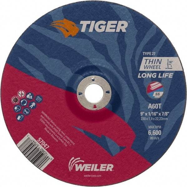 Weiler - 60 Grit, 9" Wheel Diam, 7/8" Arbor Hole, Type 27 Depressed Center Wheel - Hard Grade, Aluminum Oxide, T Hardness, 6,600 Max RPM - A1 Tooling