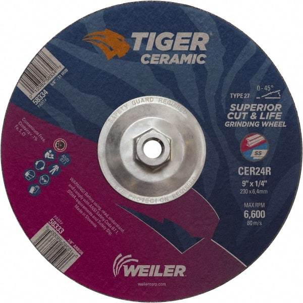 Weiler - 24 Grit, 9" Wheel Diam, Type 27 Depressed Center Wheel - Medium Grade, Ceramic, R Hardness, 6,600 Max RPM - A1 Tooling