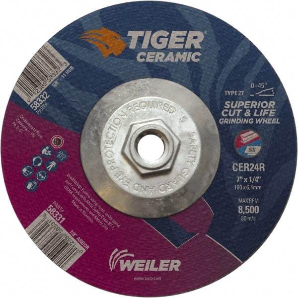 Weiler - 24 Grit, 7" Wheel Diam, Type 27 Depressed Center Wheel - Medium Grade, Ceramic, R Hardness, 8,500 Max RPM - A1 Tooling