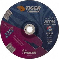 Weiler - 24 Grit, 9" Wheel Diam, 7/8" Arbor Hole, Type 27 Depressed Center Wheel - Medium Grade, Ceramic, R Hardness, 6,600 Max RPM - A1 Tooling