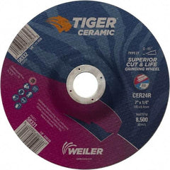 Weiler - 24 Grit, 7" Wheel Diam, 7/8" Arbor Hole, Type 27 Depressed Center Wheel - Medium Grade, Ceramic, R Hardness, 8,500 Max RPM - A1 Tooling