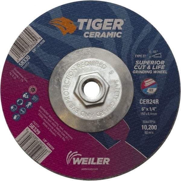 Weiler - 24 Grit, 6" Wheel Diam, Type 27 Depressed Center Wheel - Medium Grade, Ceramic, R Hardness, 10,200 Max RPM - A1 Tooling