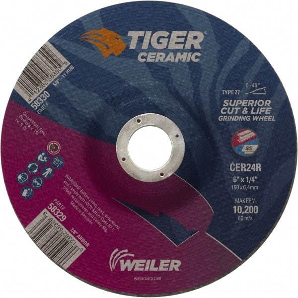 Weiler - 24 Grit, 6" Wheel Diam, 7/8" Arbor Hole, Type 27 Depressed Center Wheel - Medium Grade, Ceramic, R Hardness, 10,200 Max RPM - A1 Tooling