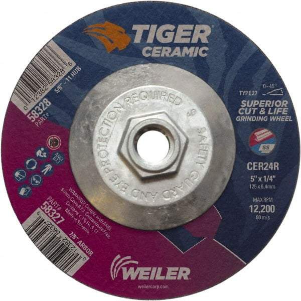 Weiler - 24 Grit, 5" Wheel Diam, Type 27 Depressed Center Wheel - Medium Grade, Ceramic, R Hardness, 12,200 Max RPM - A1 Tooling