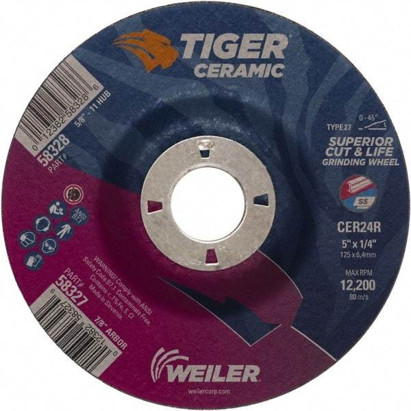 Weiler - 24 Grit, 5" Wheel Diam, 7/8" Arbor Hole, Type 27 Depressed Center Wheel - Medium Grade, Ceramic, R Hardness, 12,200 Max RPM - A1 Tooling