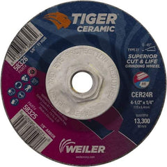 Weiler - 24 Grit, 4-1/2" Wheel Diam, Type 27 Depressed Center Wheel - Medium Grade, Ceramic, R Hardness, 13,300 Max RPM - A1 Tooling