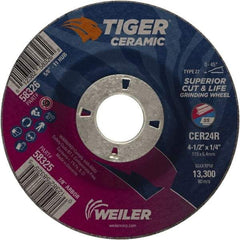 Weiler - 24 Grit, 4-1/2" Wheel Diam, 7/8" Arbor Hole, Type 27 Depressed Center Wheel - Medium Grade, Ceramic, R Hardness, 13,300 Max RPM - A1 Tooling