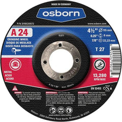 Osborn - 24 Grit, 4-1/2" Wheel Diam, 1/4" Wheel Thickness, 7/8" Arbor Hole, Type 27 Depressed Center Wheel - Coarse Grade, Aluminum Oxide, 13,280 Max RPM - A1 Tooling