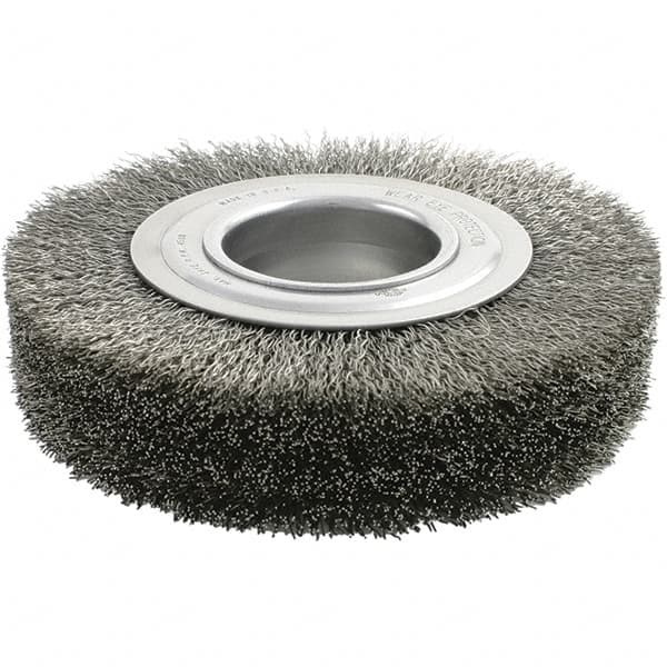 Brush Research Mfg. - 6" OD, 2" Arbor Hole, Crimped Stainless Steel Wheel Brush - 1-3/8" Face Width, 1-1/8" Trim Length, 4,500 RPM - A1 Tooling