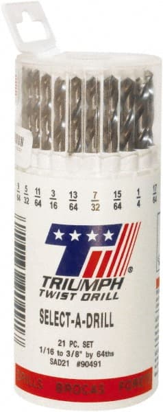 Triumph Twist Drill - 1/16 to 3/8", 135° Point, Bright Finish, High Speed Steel Jobber Length Drill Bit Set - A1 Tooling