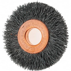 Tru-Maxx - 1-1/2" OD, 3/8" Arbor Hole, Crimped Steel Wheel Brush - 1/4" Face Width, 7/16" Trim Length, 0.0104" Filament Diam, 20,000 RPM - A1 Tooling