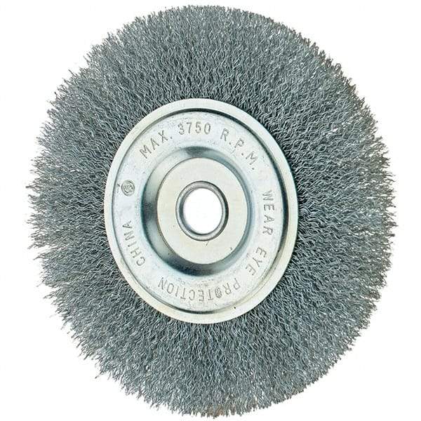 Tru-Maxx - 6" OD, 1/2" Arbor Hole, Crimped Steel Wheel Brush - 3/4" Face Width, 1-1/4" Trim Length, 0.014" Filament Diam, 6,000 RPM - A1 Tooling