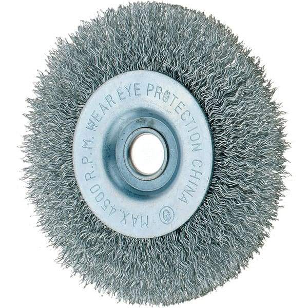 Tru-Maxx - 4" OD, 1/2" Arbor Hole, Crimped Steel Wheel Brush - 1/2" Face Width, 3/4" Trim Length, 0.014" Filament Diam, 6,000 RPM - A1 Tooling