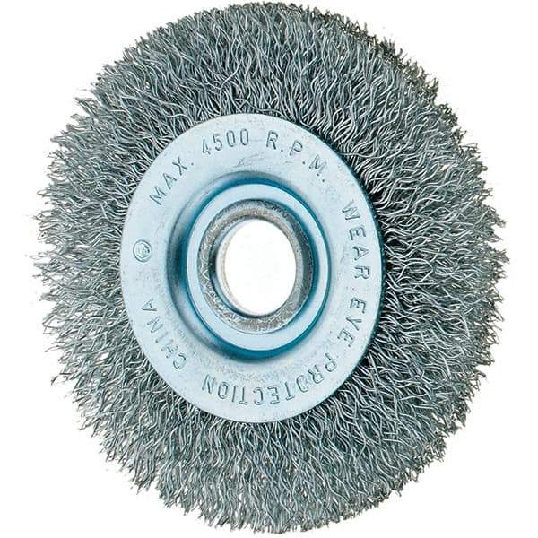 Tru-Maxx - 3" OD, 1/2" Arbor Hole, Crimped Steel Wheel Brush - 7/16" Face Width, 1/2" Trim Length, 0.008" Filament Diam, 12,500 RPM - A1 Tooling