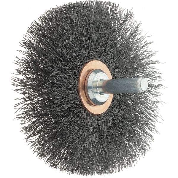 Tru-Maxx - 3" OD, 1/4" Shank Diam, Crimped Steel Wheel Brush - 1/2" Face Width, 1" Trim Length, 0.008" Filament Diam, 12,500 RPM - A1 Tooling