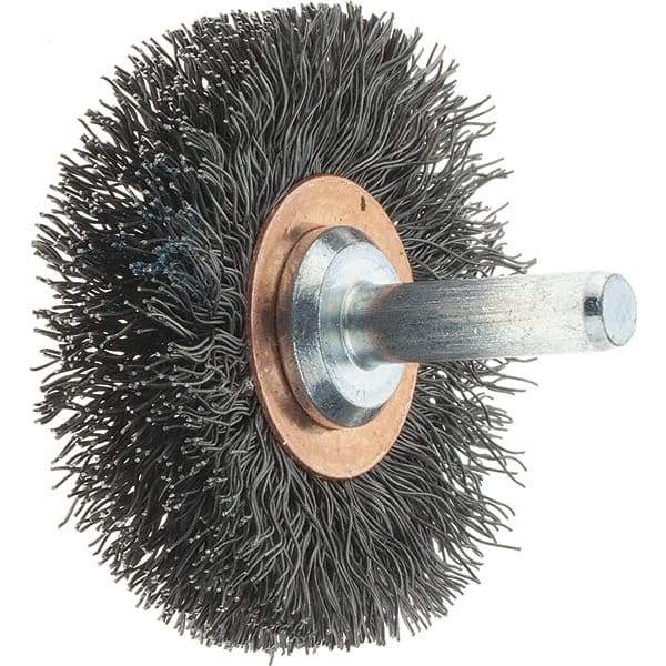 Tru-Maxx - 2" OD, 1/4" Shank Diam, Crimped Steel Wheel Brush - 3/8" Face Width, 1/2" Trim Length, 0.0118" Filament Diam, 20,000 RPM - A1 Tooling