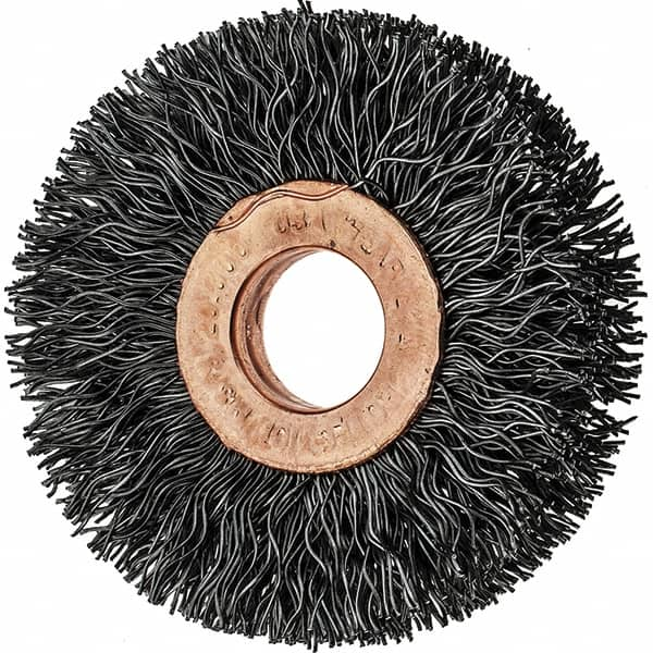 Tru-Maxx - 2" OD, 1/2" Arbor Hole, Crimped Steel Wheel Brush - 3/8" Face Width, 1/2" Trim Length, 0.014" Filament Diam, 20,000 RPM - A1 Tooling