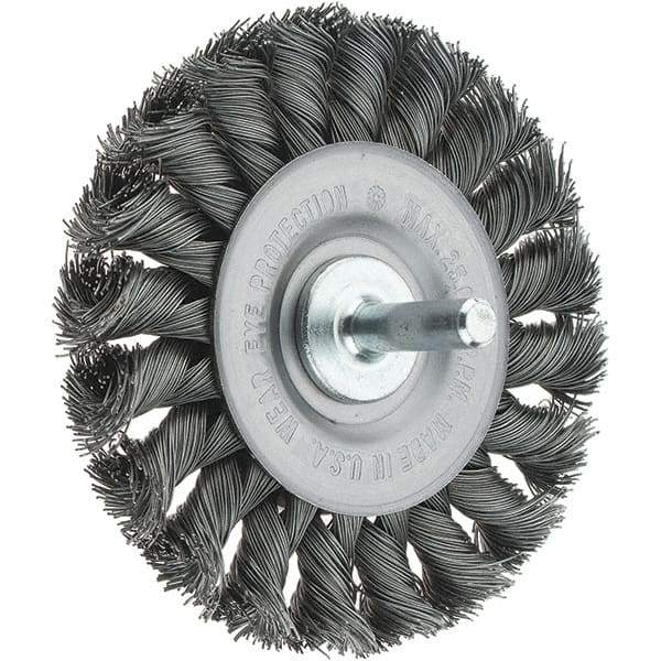 Tru-Maxx - 3-1/4" OD, 1/4" Shank Diam, Knotted Steel Wheel Brush - 3/8" Face Width, 5/8" Trim Length, 0.014" Filament Diam, 25,000 RPM - A1 Tooling