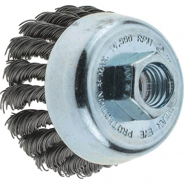 Tru-Maxx - 2-3/4" Diam, 5/8-11 Threaded Arbor, Steel Fill Cup Brush - 0.02 Wire Diam, 1" Trim Length, 14,000 Max RPM - A1 Tooling