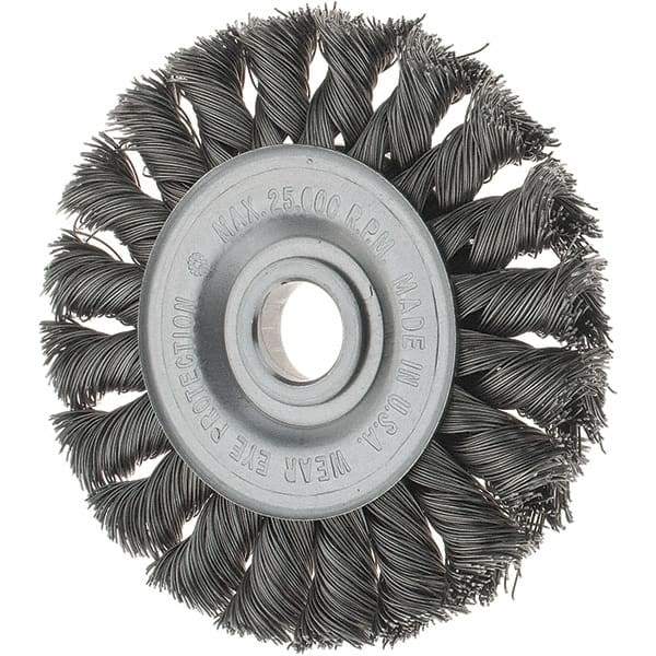 Tru-Maxx - 3" OD, 1/2" Arbor Hole, Knotted Steel Wheel Brush - 3/8" Face Width, 3/8" Trim Length, 0.0118" Filament Diam, 25,000 RPM - A1 Tooling