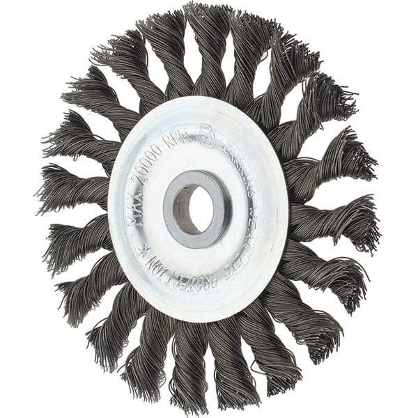 Tru-Maxx - 4" OD, 1/2" Arbor Hole, Knotted Steel Wheel Brush - 5/8" Face Width, 7/8" Trim Length, 0.014" Filament Diam, 20,000 RPM - A1 Tooling